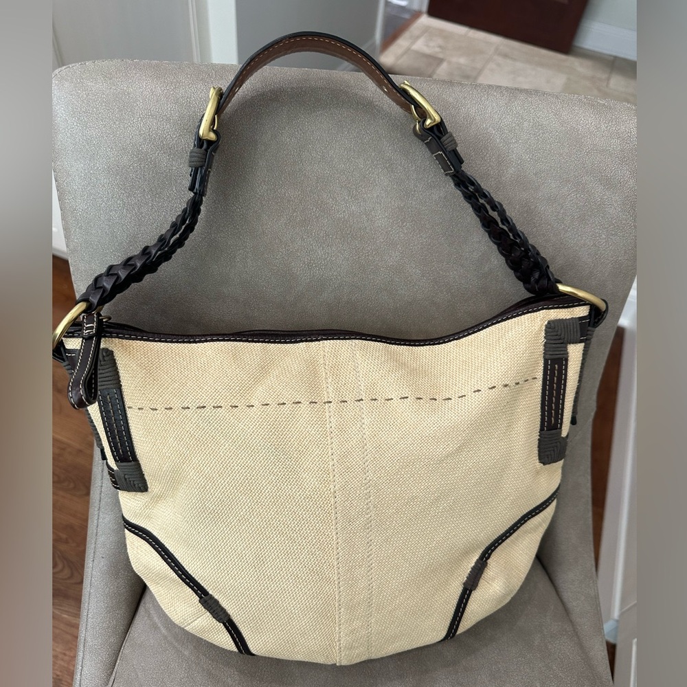 COACH Purse Shoulder Bag 4711 Angora Straw Burlap Beige w/ Genuine Brown Leather - Picture 6 of 14